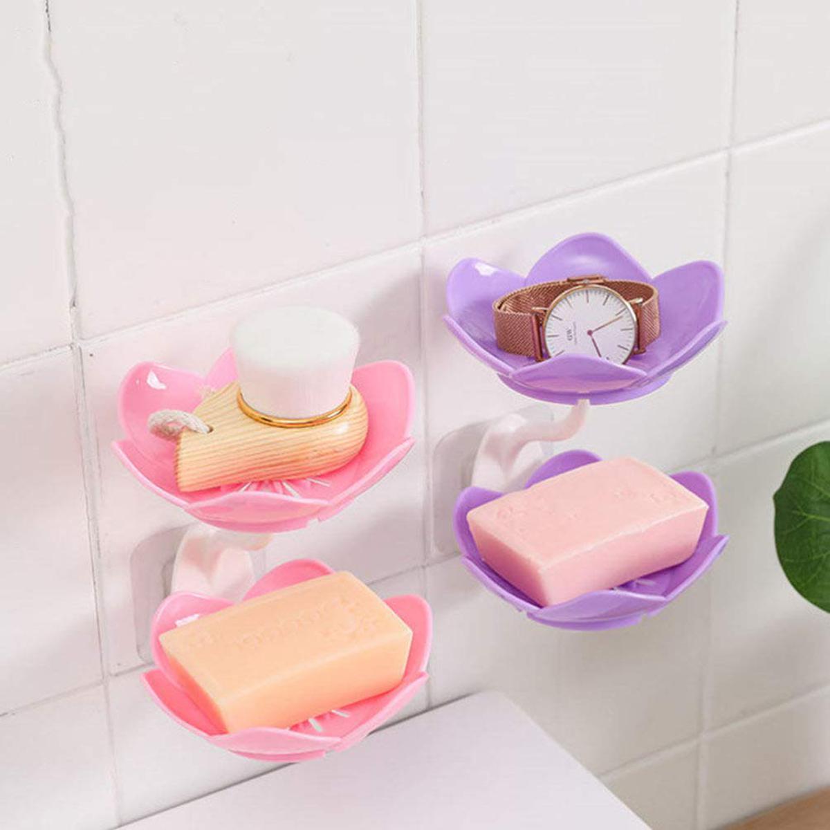 (Pack of 2) Wall- Mounted Drain Soap Box Double Layer with Lotus Flower Shaped Soap Tray Easy Removable Soap Dish Non- Slip Storage & Self- Adhesive Bathroom Accessories