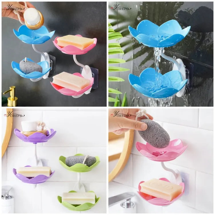 (Pack of 2) Wall- Mounted Drain Soap Box Double Layer with Lotus Flower Shaped Soap Tray Easy Removable Soap Dish Non- Slip Storage & Self- Adhesive Bathroom Accessories