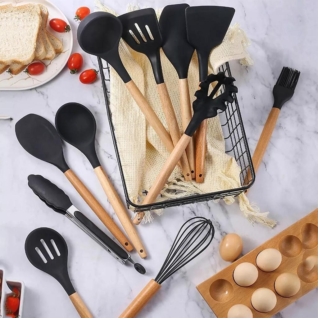 12 PCs Non stick Silicone Cooking Set-Fresh with Wooden Handle Cooking Tool Set