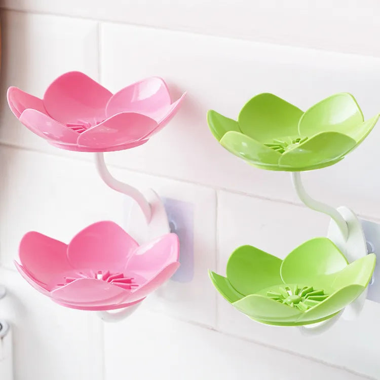 (Pack of 2) Wall- Mounted Drain Soap Box Double Layer with Lotus Flower Shaped Soap Tray Easy Removable Soap Dish Non- Slip Storage & Self- Adhesive Bathroom Accessories