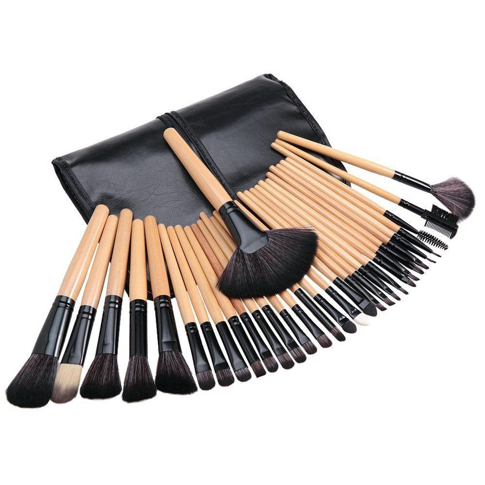 24pcs Professional Wooden Handle Make up Brushes with Folding PU Leather Pouch