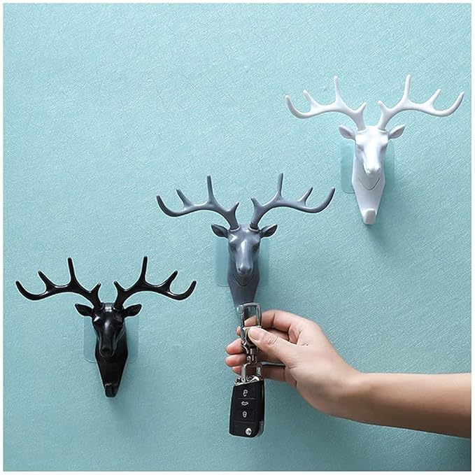 (Pack of 3) Multi-Purpose Wall Mount Deer Head Self Adhesive Wall Key Holder Hook for Home Or Office