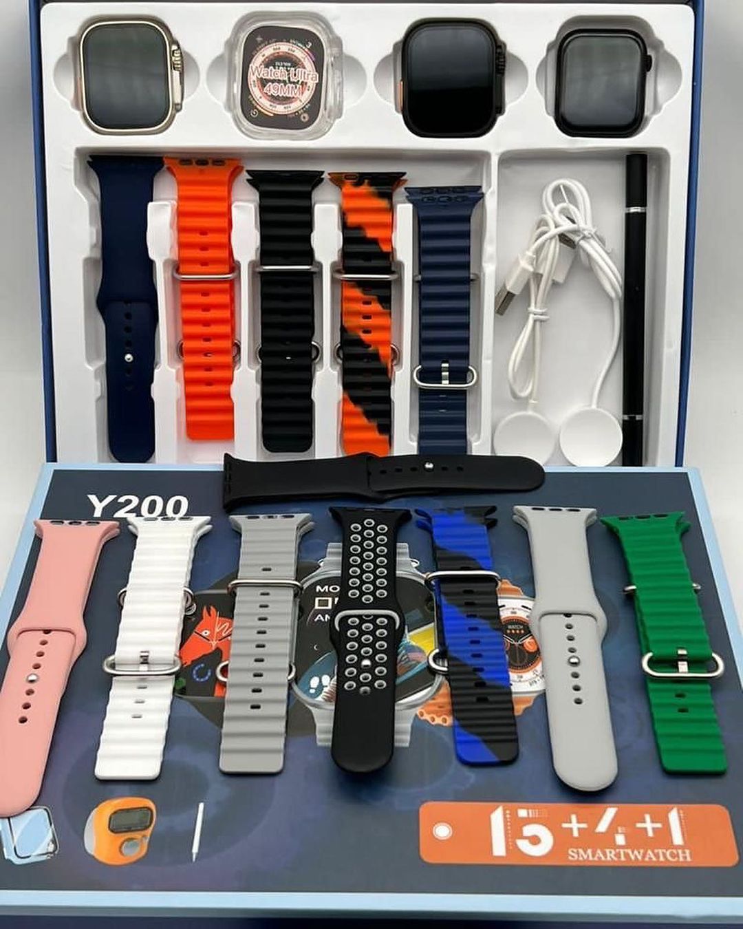 (Pack of 23 Items) 3 Smartwatches + 15 Straps with Different Colors + 1 Silicone Case + 1 Touch Pen + 1 Counter + 2 Wireless Charger and Full HD Display