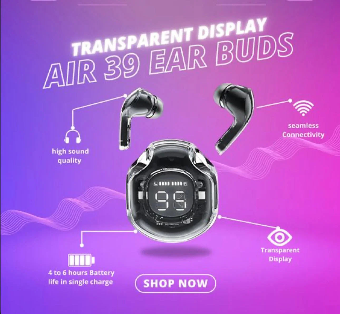 Air39 Wireless Earbuds With Crystal Clear Sound, Bluetooth 5.3, Transparent Case, Heavy Bass Stereo Sound