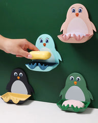 2 Pcs Wall-Mounted Soap Holder with Hook in Cute Penguins Shape Punch Free for Bathroom