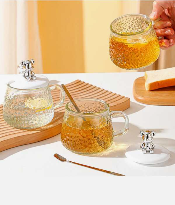 Cute and Creative Heat Resistant Bear Glass Tea Cup Coffee Milk Drinking Set with Lid and Straw in just Rs 899