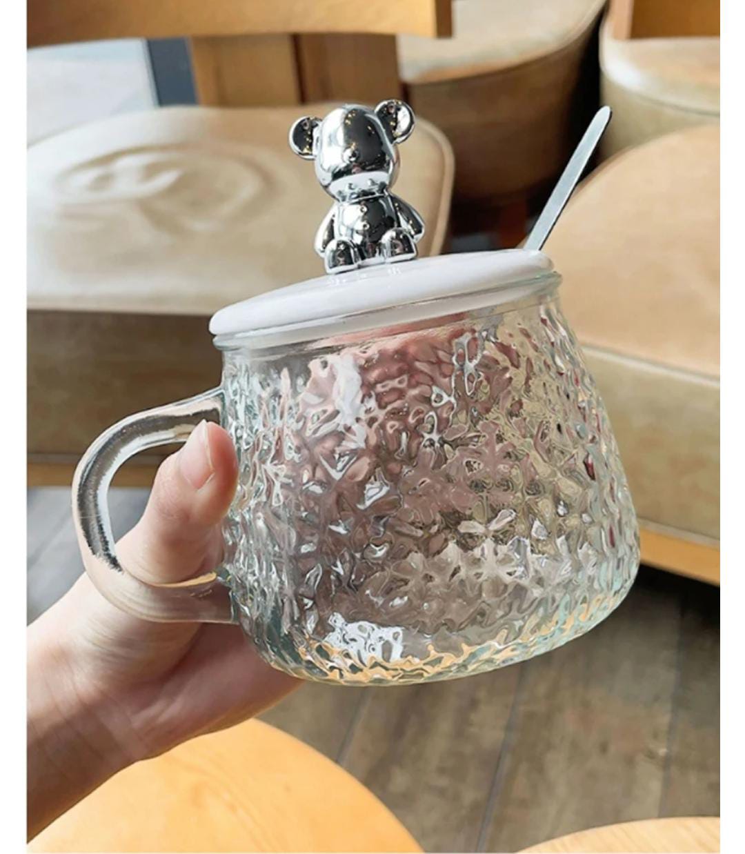 Cute and Creative Heat Resistant Bear Glass Tea Cup Coffee Milk Drinking Set with Lid and Straw in just Rs 899