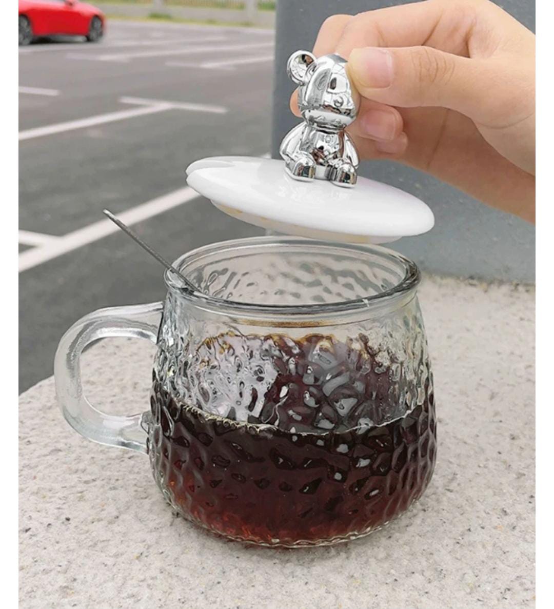 Cute and Creative Heat Resistant Bear Glass Tea Cup Coffee Milk Drinking Set with Lid and Straw in just Rs 899