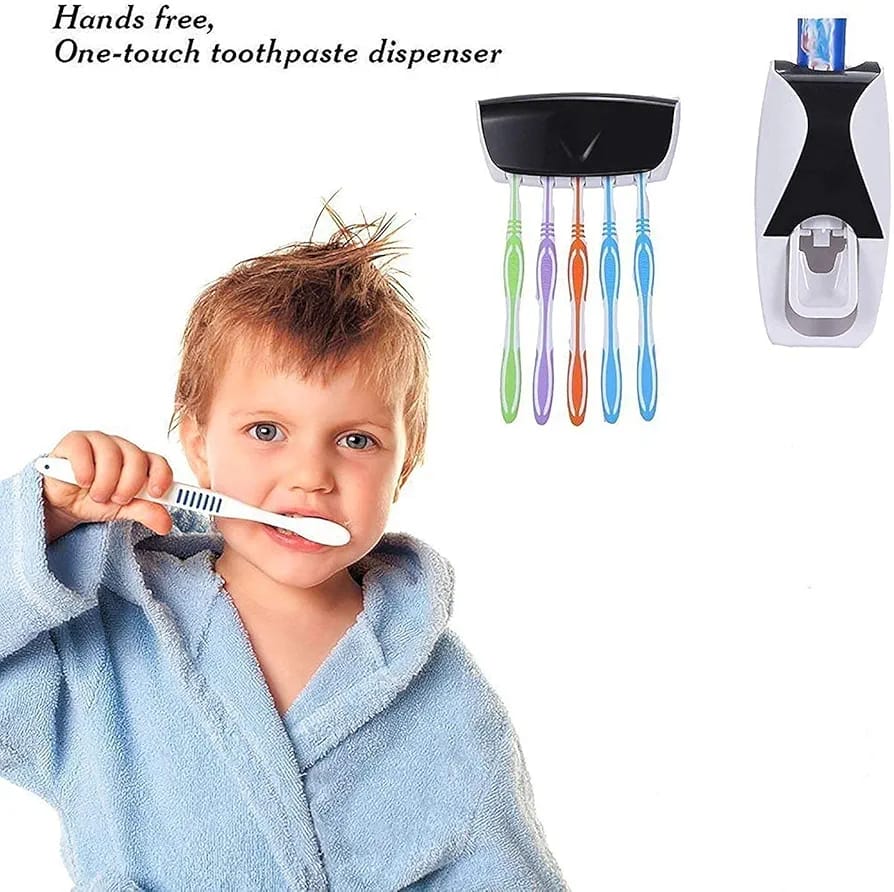 Automatic Toothpaste Dispenser Squeezer Hands Free Set and 5 Toothbrush Holder