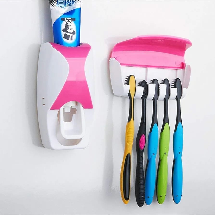 Automatic Toothpaste Dispenser Squeezer Hands Free Set and 5 Toothbrush Holder