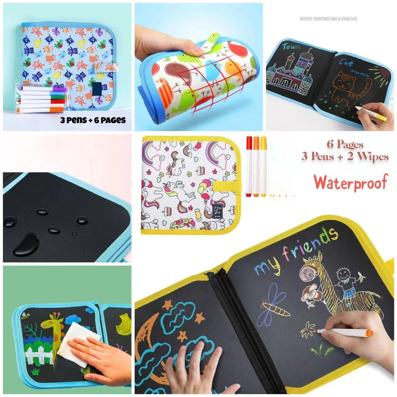 10 Pages Erasable Doodle Slate Painting Kit for Kids Drawing Book with Wet Wipes & Colors for Kids