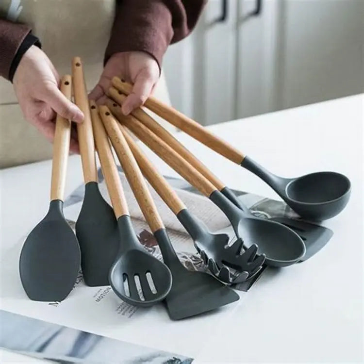 12 PCs Non stick Silicone Cooking Set-Fresh with Wooden Handle Cooking Tool Set